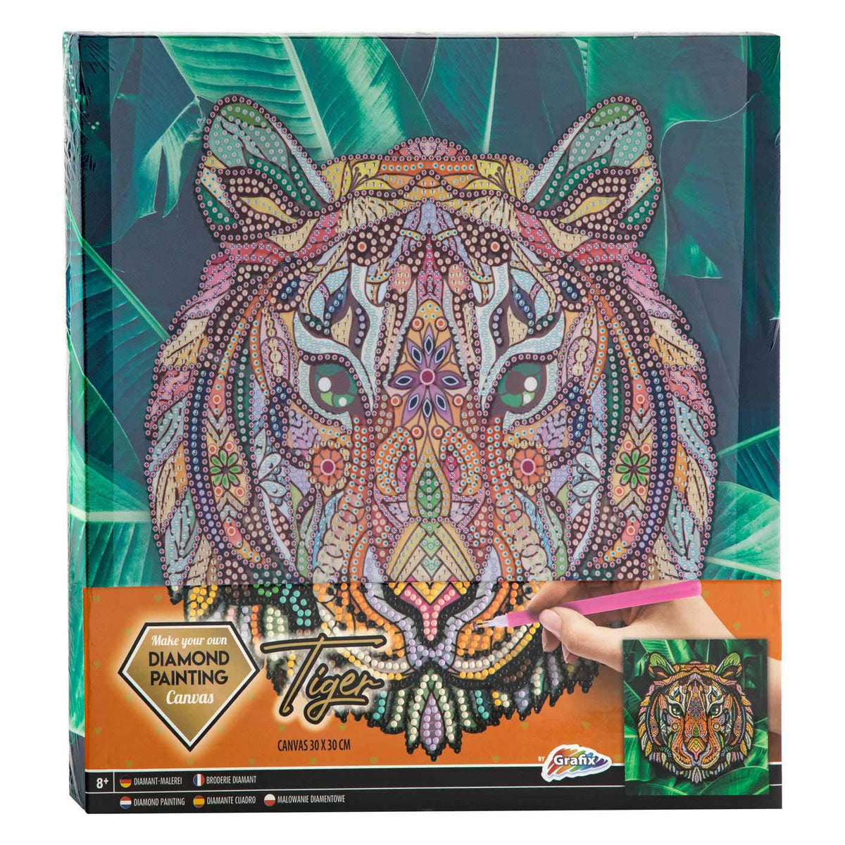 Grafix diamond painting op canvas | tijger | formaat 30x30cm | diamond painting pakket volledig | thema dieren | diamond painting op canvas | inclusief diamond painting pen en schudbakje | eindresultaat ophangen aan de muur