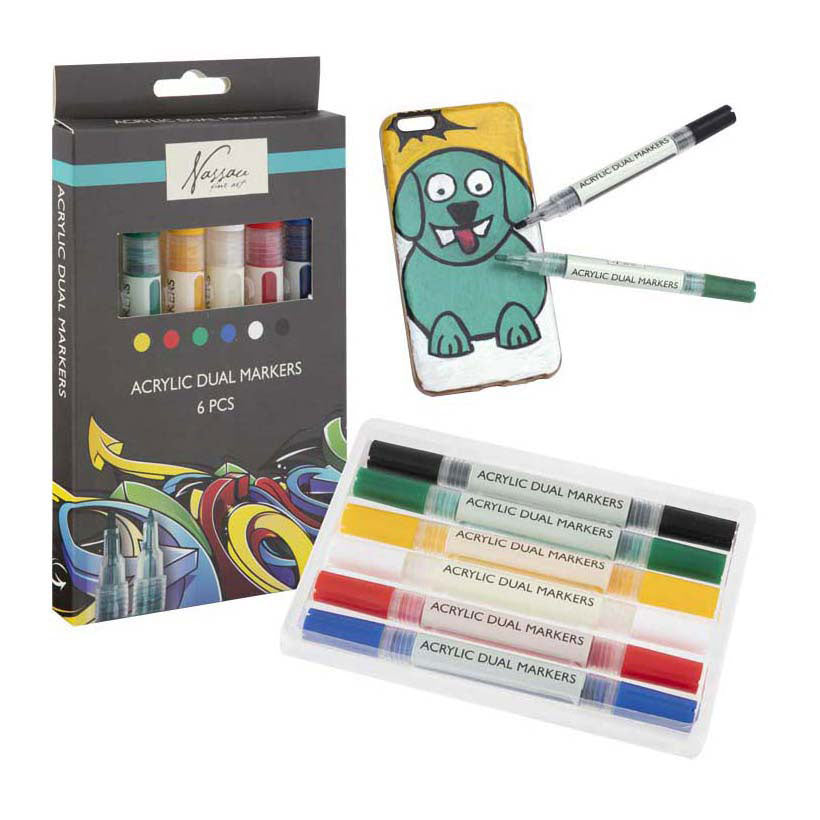 Nassau fine art professionele acrylstiften | 6 verschillende kleuren | doppelmarkers | geschikt voor stenen - schoenen - glas - plastic - hout - kleding