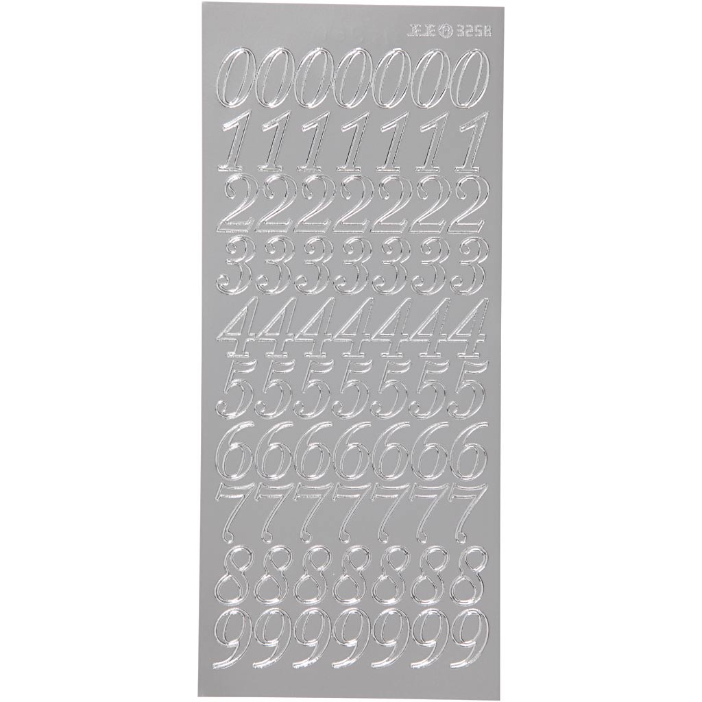 Stickers, cijfers, vel 10x23 cm, zilver, 1 vel