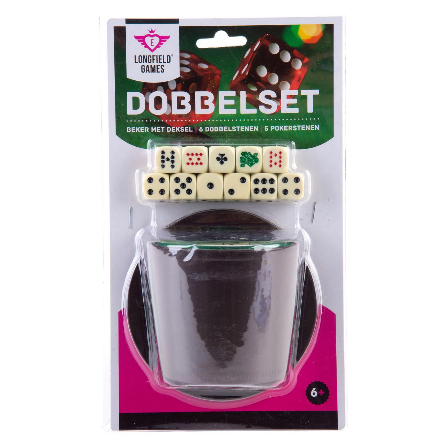 Longfield pokerbeker met deksel en dobbelstenen
