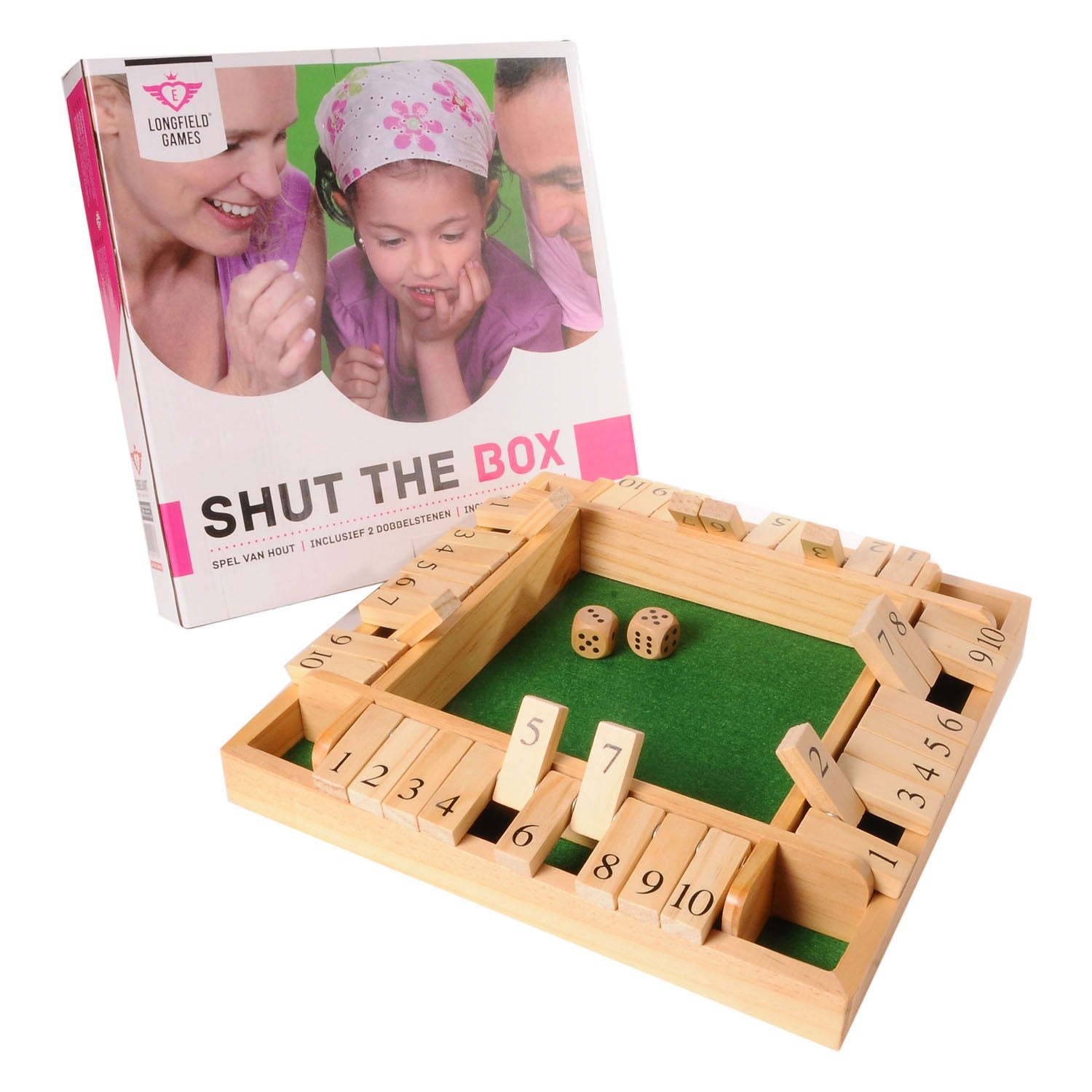 Longfield shut the box – 4 spelers – rubberhouten bak met ingelegd vilt – inclusief 8 houten dobbelstenen – bordspel 29 x 29 x 3,5 cm – strategisch familiespel – engelhart