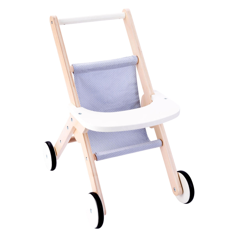 Houten poppenwandelwagen grijs blauw