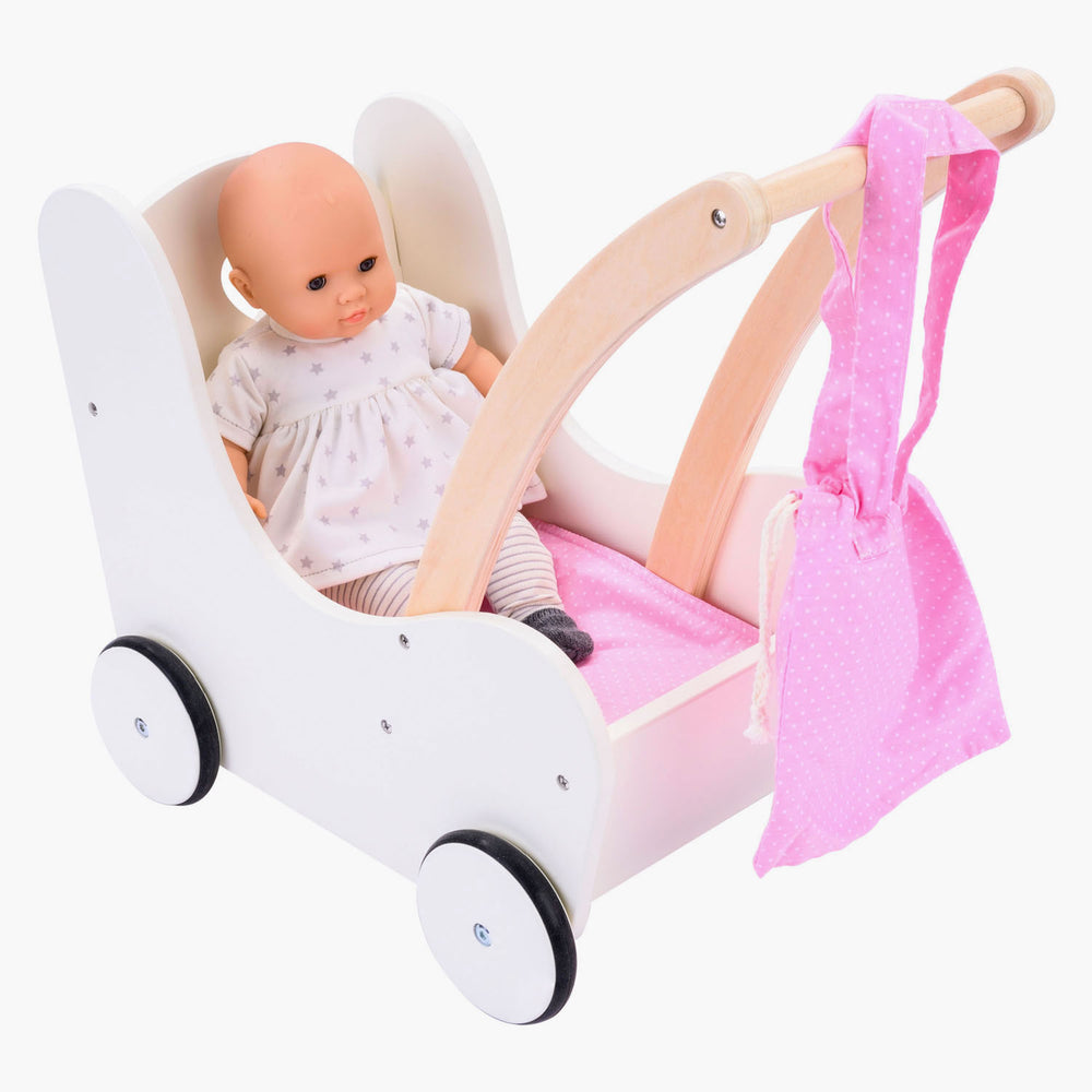 Engelhart poppen loopwagen roze wit – houten poppenwagen met matrasje, dekentje, kussentje opbergtas – geschikt voor alle poppen –