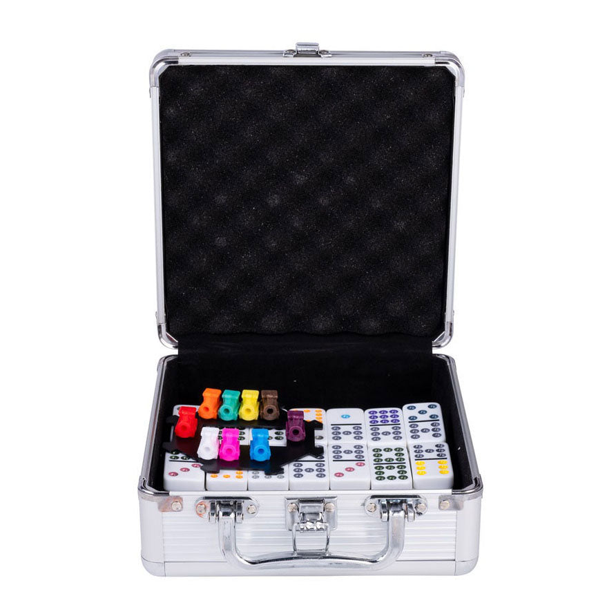Engelhart domino dubbel 12 mexican train – 91 stenen met gekleurde ogen – luxe aluminium koffer met handvat – inclusief station treinen – strategisch familiespel –