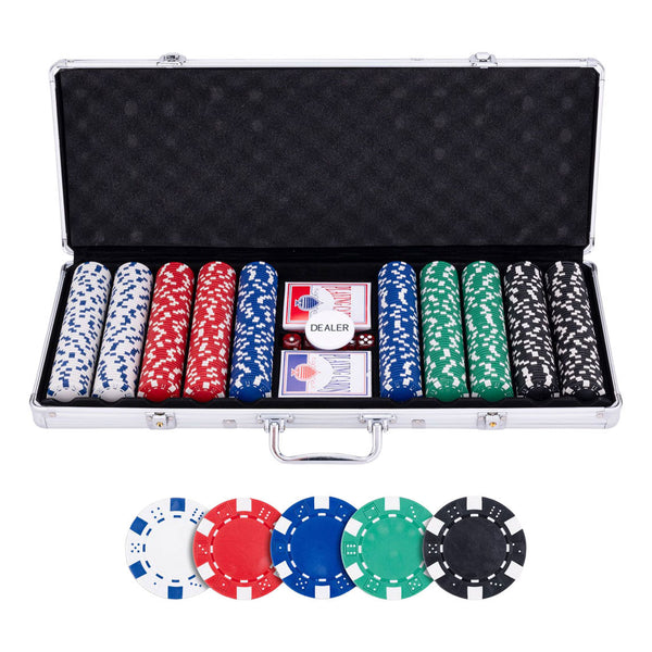 Longfield pokerset in zilveren koffer met 500 chips (11,5 g) – compleet met kaarten, dealer button dobbelstenen – engelhart