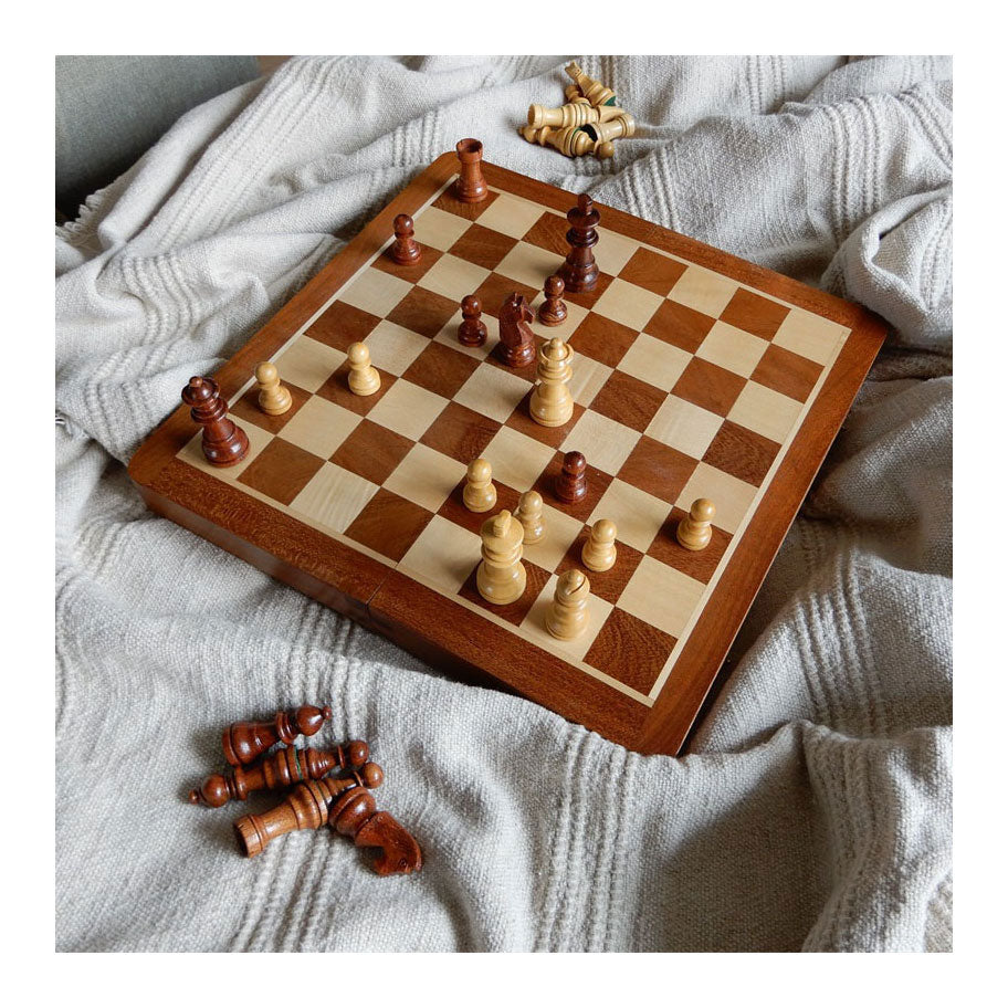 Basis houten opklapbaar schaakspel 38,5x38,5x5,8 cm