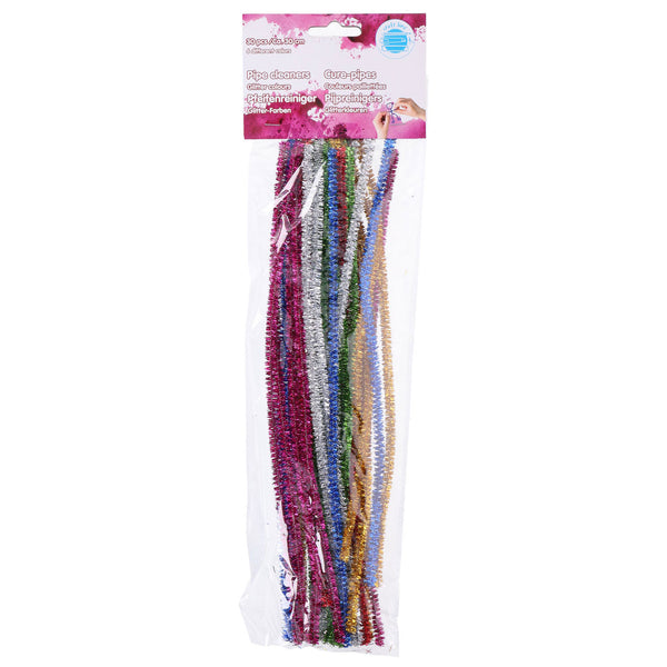 Craft chenille glitter pijpenragers - 30 stuks - 30 cm lang - roze, groen, blauw, goud en zilver - knutselpakket voor kinderen - buigzaam chenillegaren voor creatief knutselplezier
