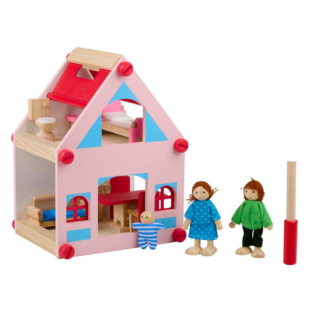 Houten poppenhuis met accessoires, 30dlg.
