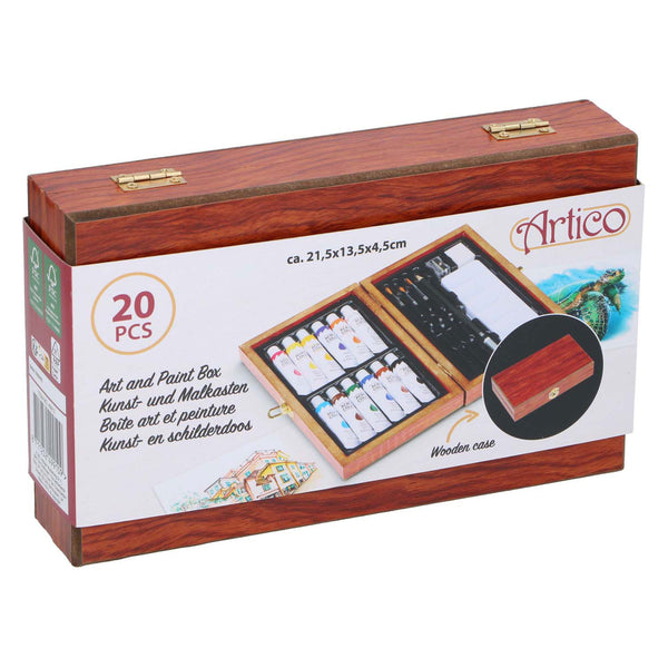 Artico acrylverf 12 tubes met schilderspalet - in houten bewaardoos - incl kwasten - hobbyverf - acryl verf - op waterbasis