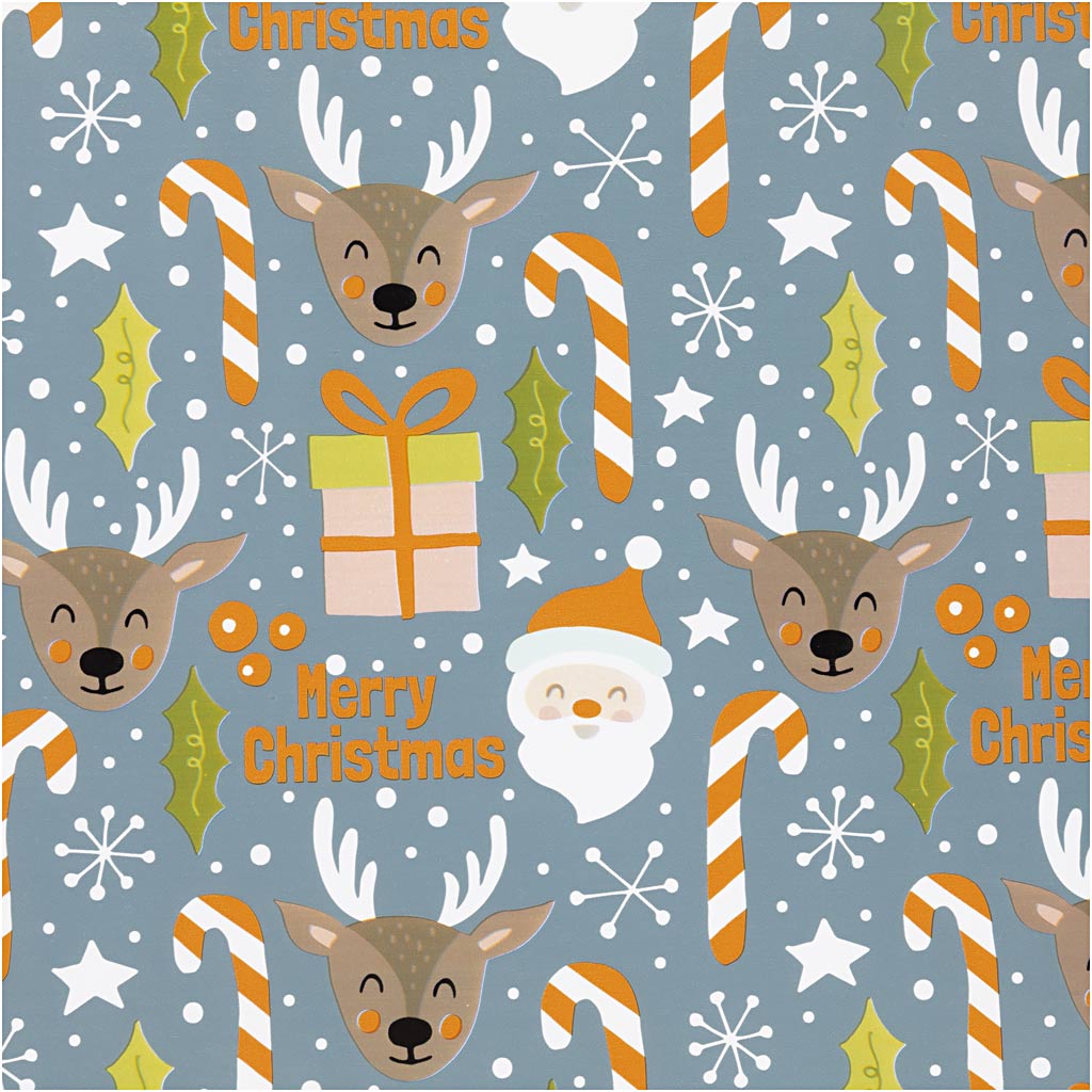 Inpakpapier, kerstman, kerstcadeau, lolly, rendier, b: 50 cm, 80 gr, grijs, 100 m 1 rol