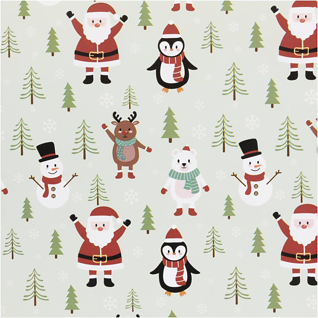 Inpakpapier, kerstman, sneeuwman, rendier, ijsbeer en pinguïn, b: 50 cm, 80 gr, ice blue, 100 m 1 rol