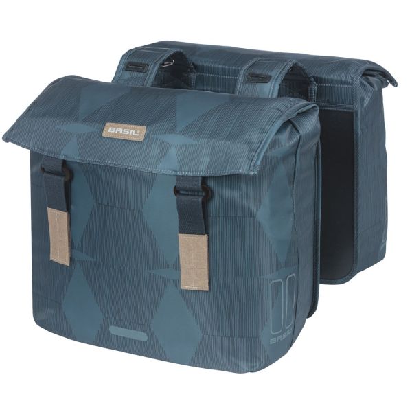Basil Elegance double pannier, blue, recycled PET, lined, water-repellent closure, Universal Bridge, 40-49L
