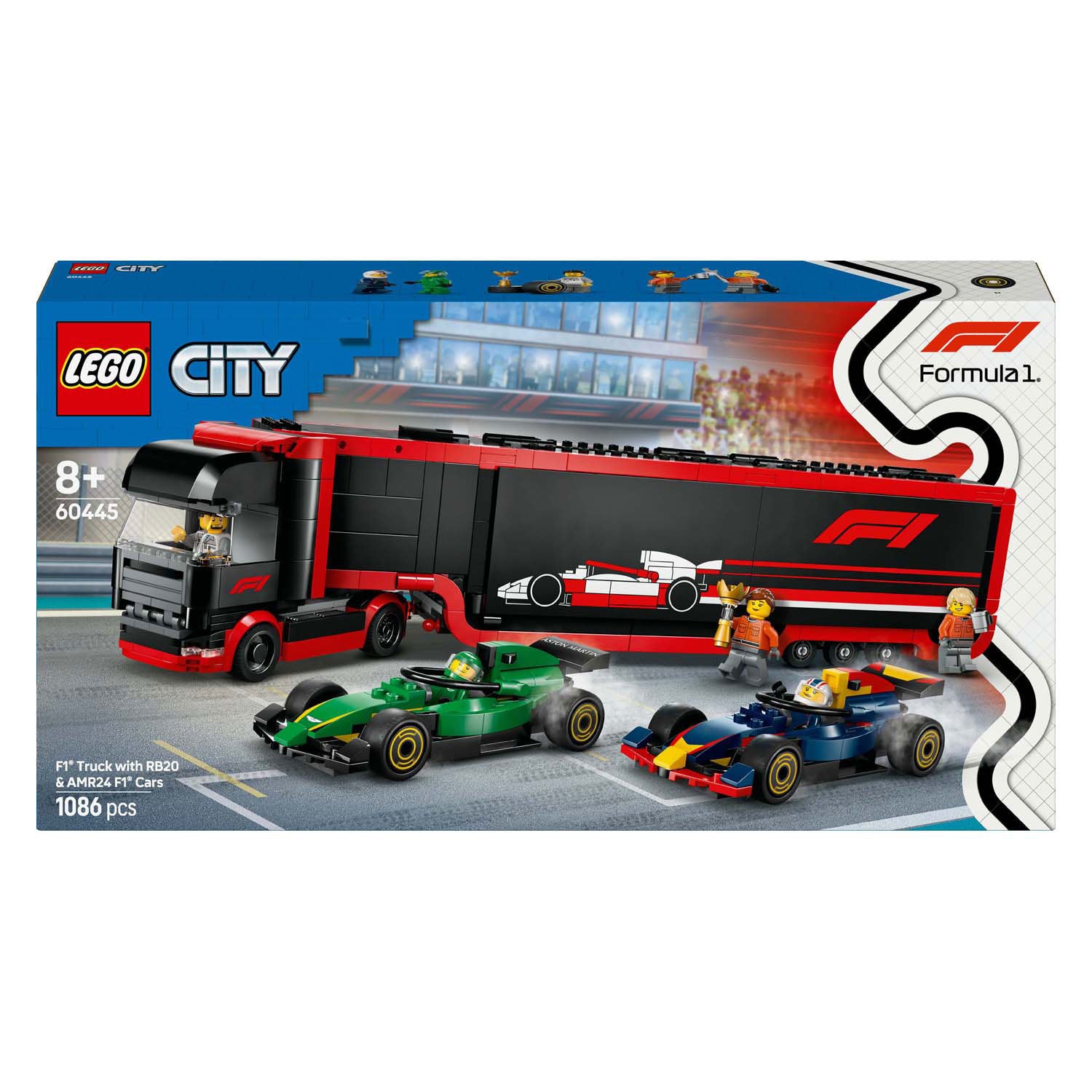 Lego city 60445 f1 vrachtwagen met rb20 en amr24 f1 auto's