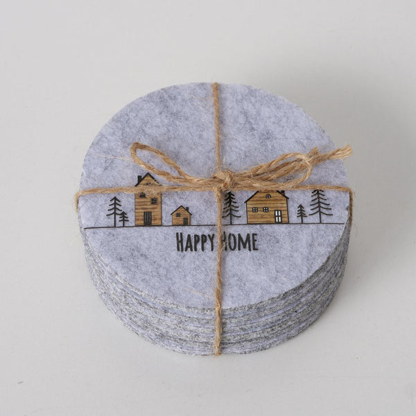 Boltze home onderzetterset homewood met dessin van huisjes en kerstbomen vilt dia 10cm 6 stuks