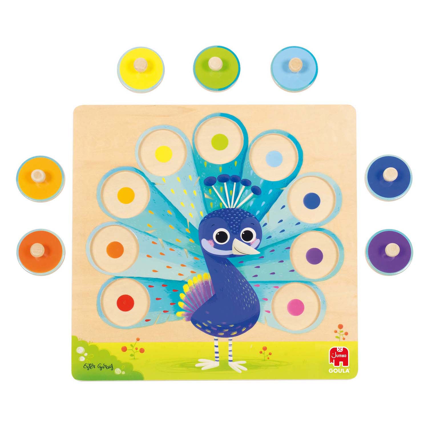 Jumbo goula - houten noppenpuzzel pauw, 9st.