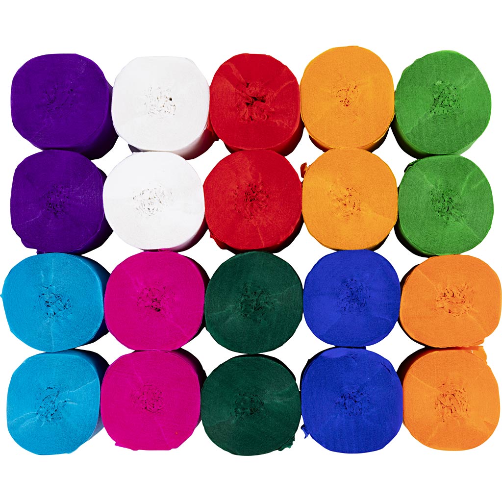Rollen crêpepapier, l: 20 m, b: 5 cm, 22 gr, diverse kleuren, 20 rol 1 doos