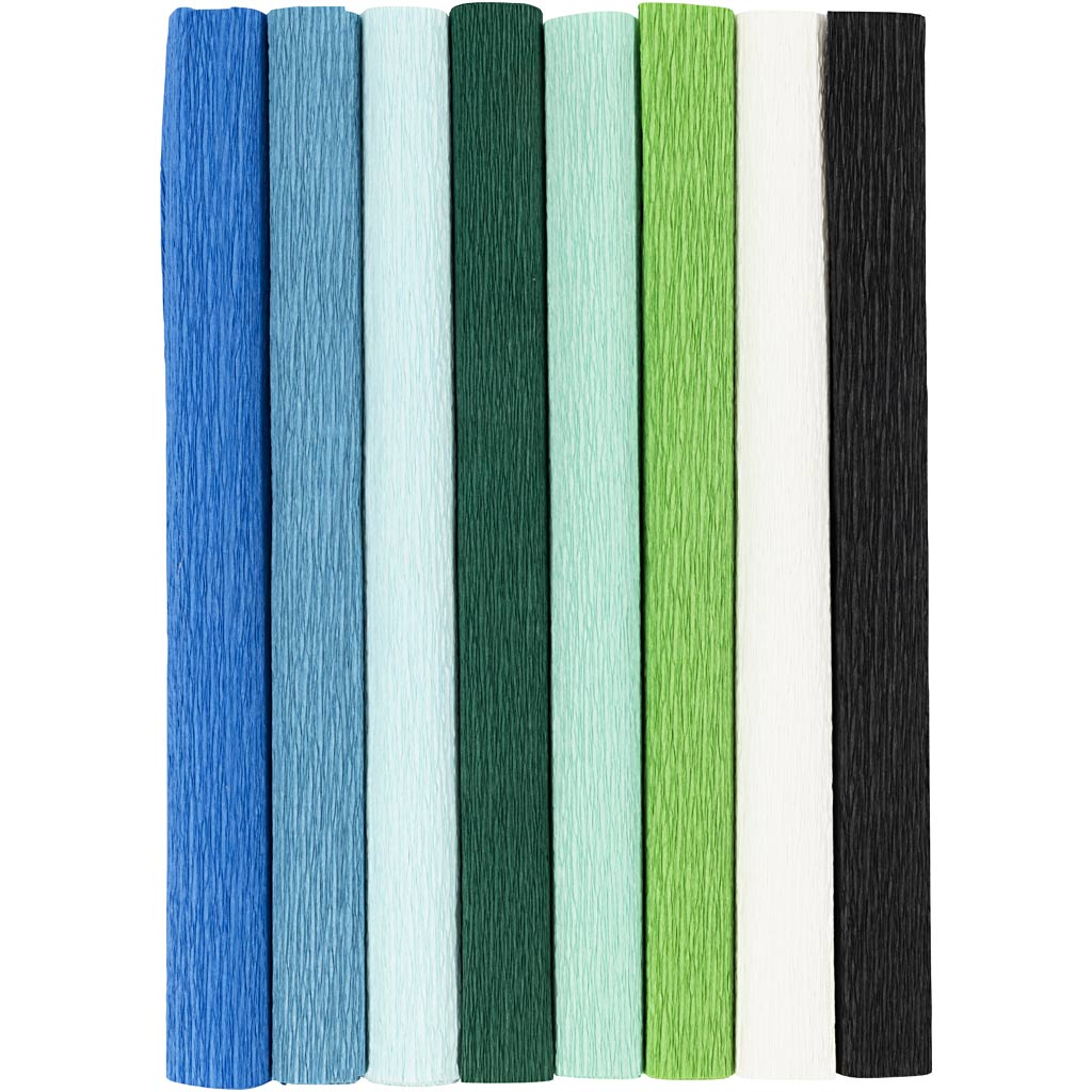 Crêpepapier, vel 25x60 cm, crêpe-verhouding: 180%, 105 gr, blauw groen harmonie, 8 vel 1 doos