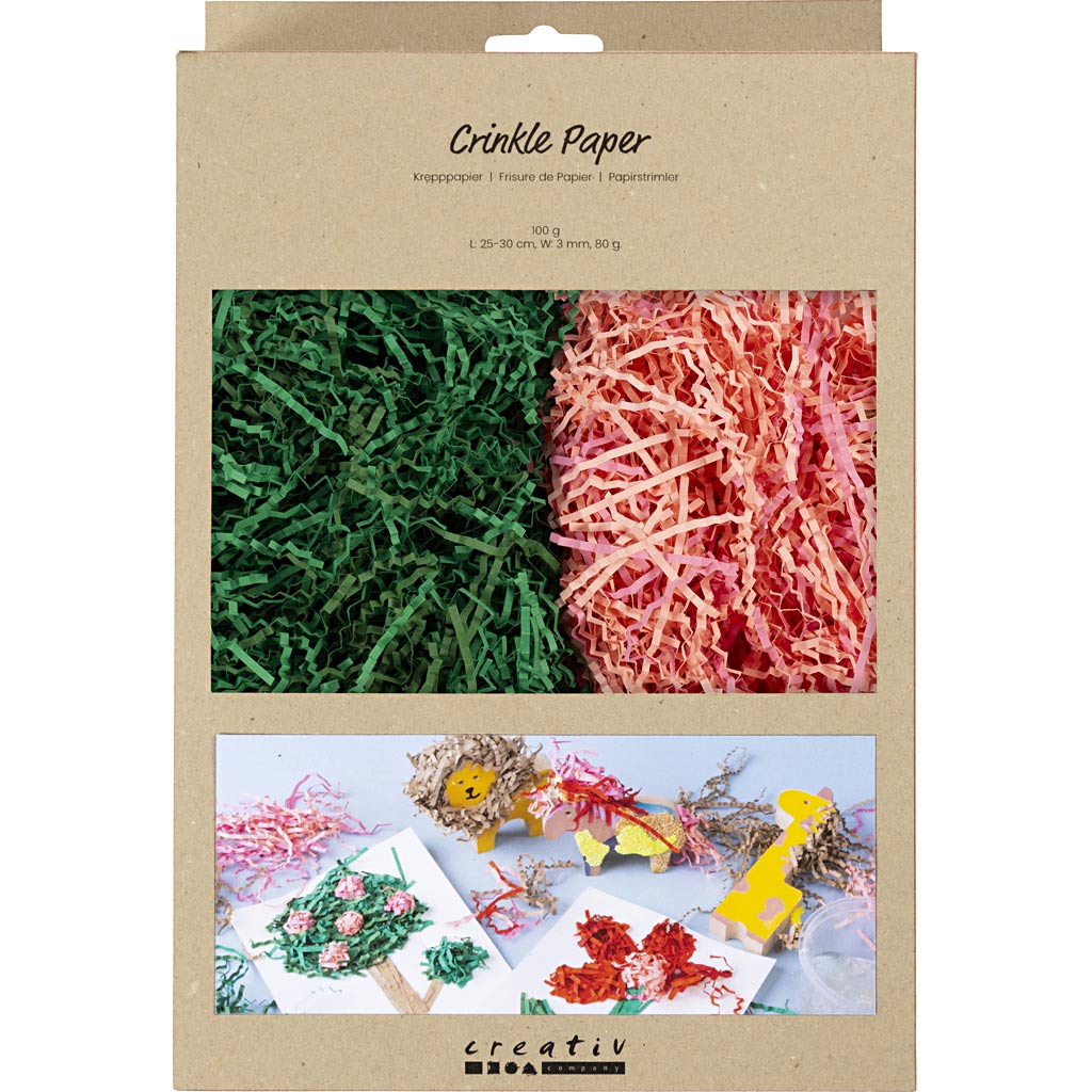 Crinkle papier, l: 25-30 cm, b: 3 mm, donkergroen, roze, 2x50 gr 1 doos