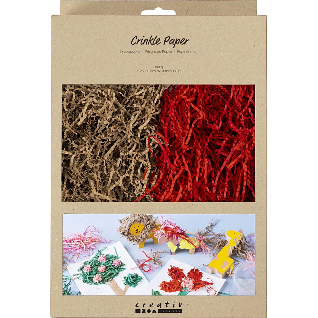 Crinkle papier, l: 25-30 cm, b: 3 mm, bruin, rood, 2x50 gr 1 doos