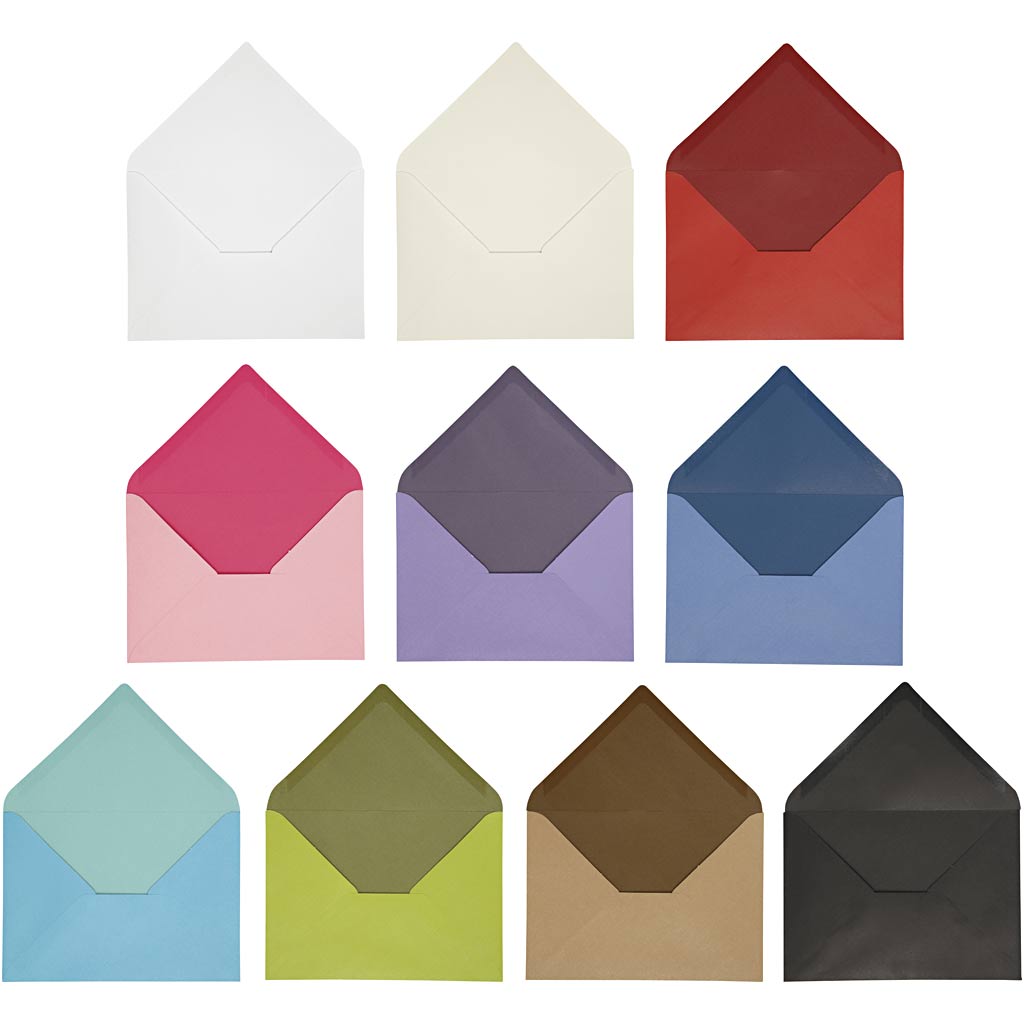 Enveloppen, afmeting envelop 11,5x16 cm, inhoud kan variëren , 100 gr, diverse kleuren, 30 doos 1 doos