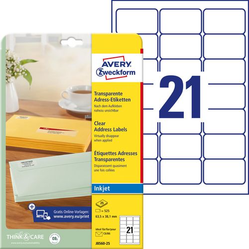 Transparante inkjetetiketten quickpeel j8560-25 63,5x38,1mm
