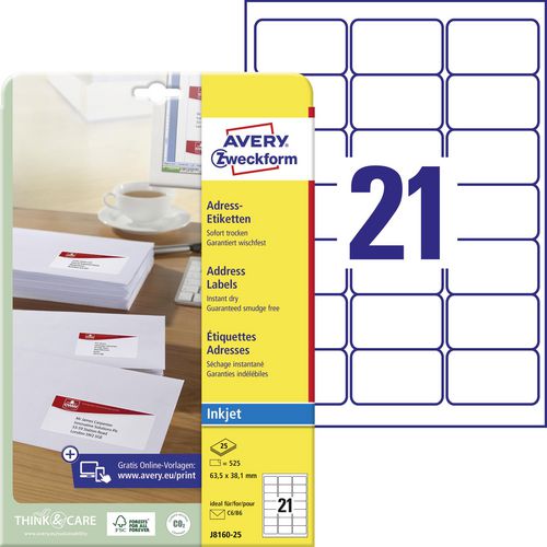 Inkjetetiketten quickdry avery j8160-25 63,5x38,1mm