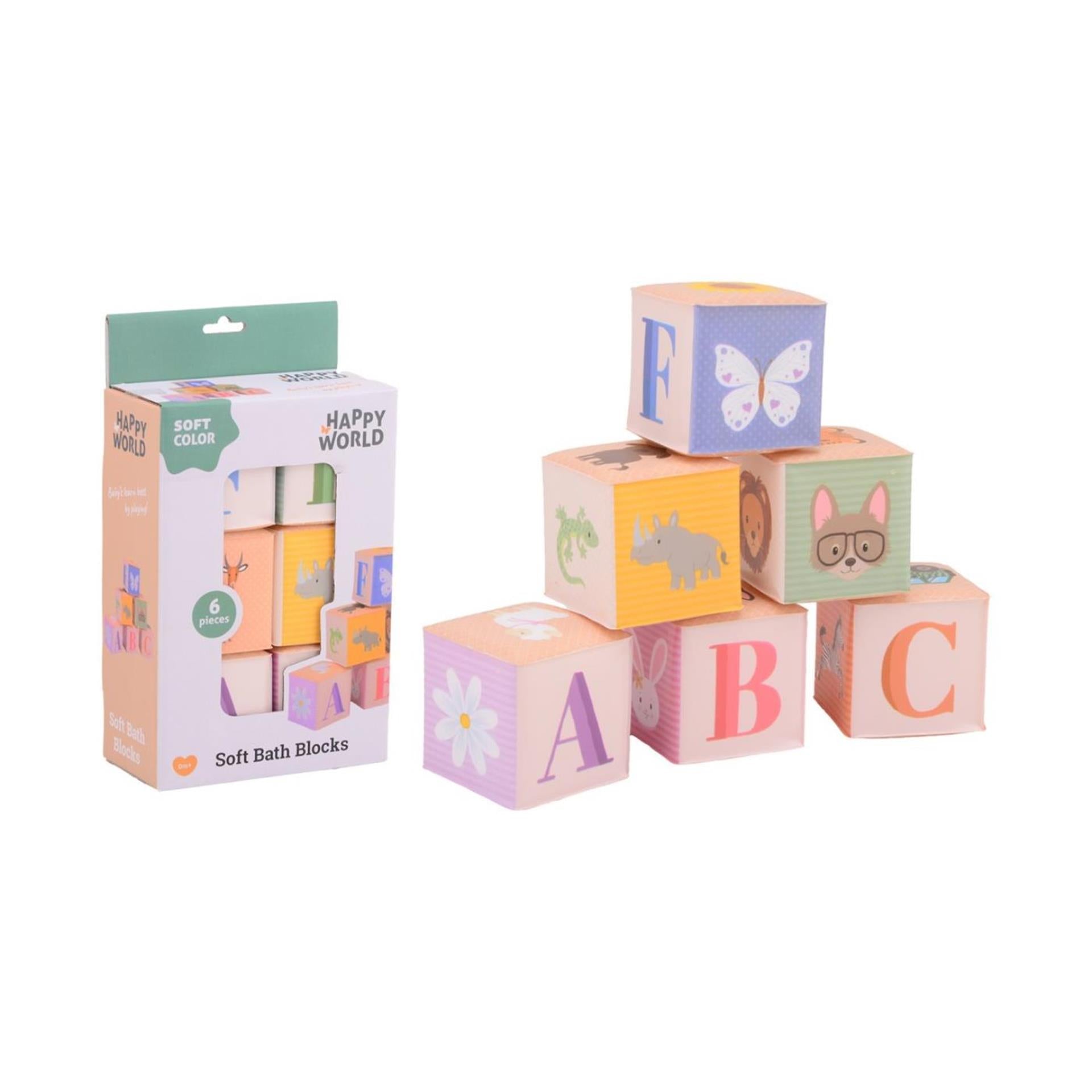 Johntoy happy world zachte slechte blokken dieren en letters, 6dlg.