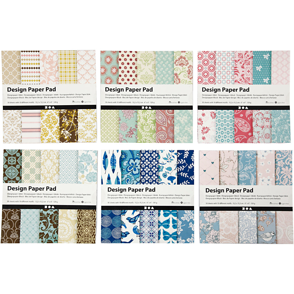Design papierblok, vel 15,2x15,2 cm, 120 gr, diverse kleuren, 300 vel, 6x50 vel 1 doos