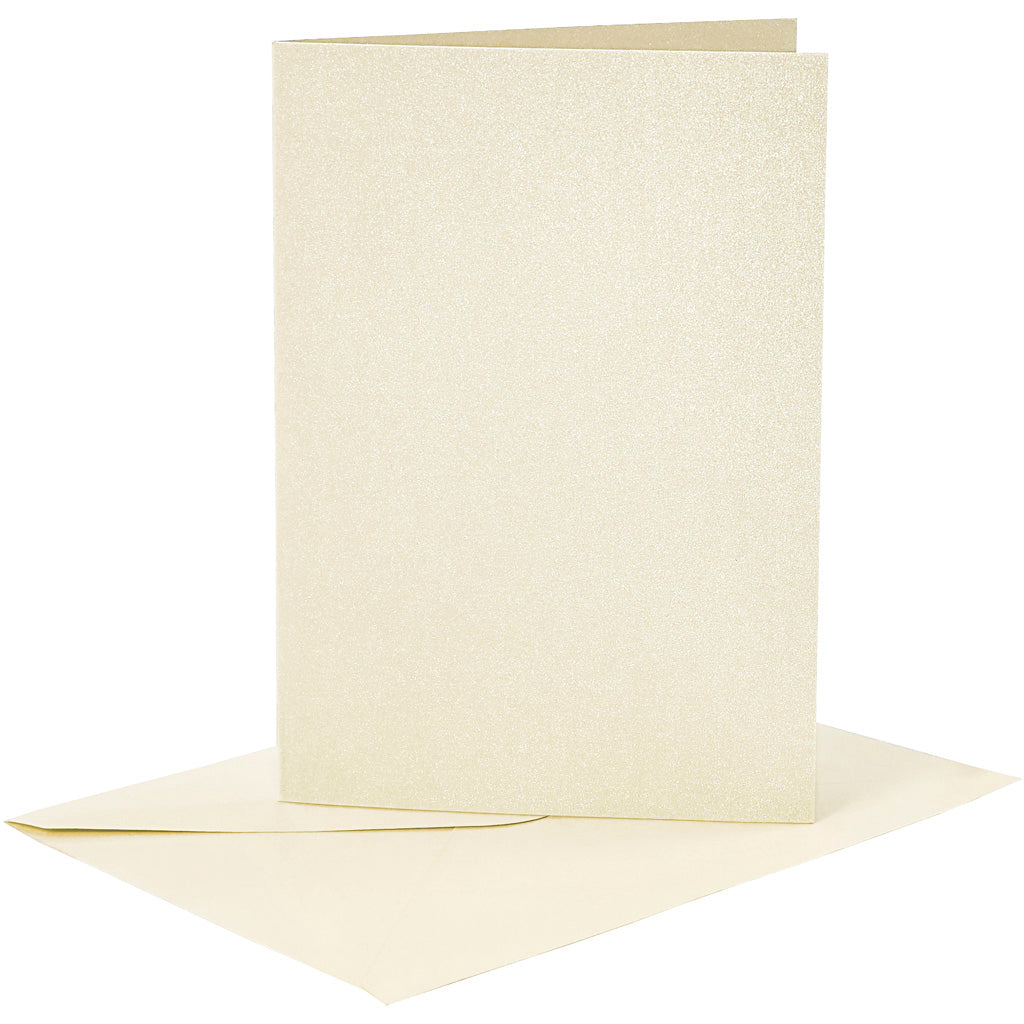 Kaarten en enveloppen, afmeting kaart 10,5x15 cm, afmeting envelop 11,5x16,5 cm, parelmoer, 120+210 gr, off-white, 4 set 1 doos