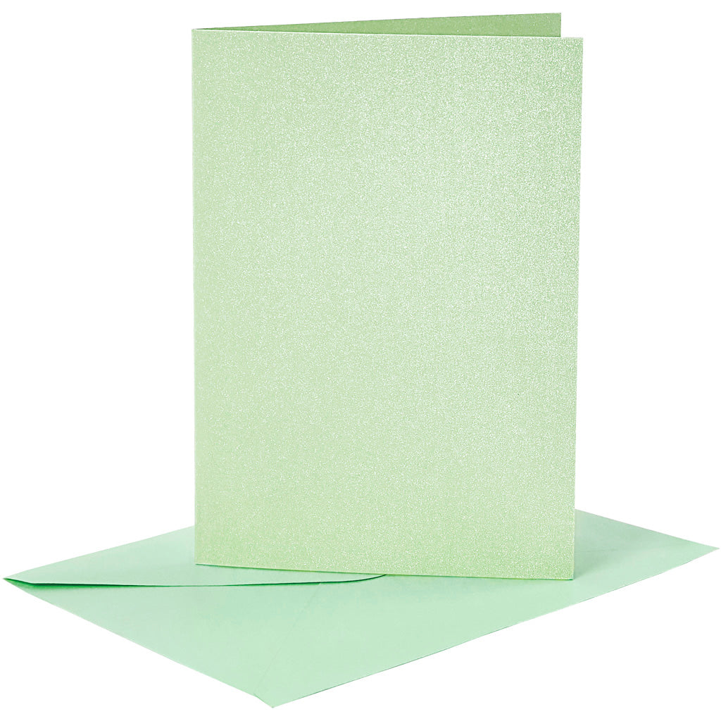 Kaarten en enveloppen, afmeting kaart 10,5x15 cm, afmeting envelop 11,5x16,5 cm, parelmoer, 120+210 gr, lichtgroen, 4 set 1 doos