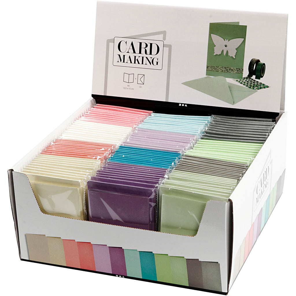 Kaarten en enveloppen, afmeting kaart 10,5x15 cm, afmeting envelop 11,5x16,5 cm, 120+210 gr, diverse kleuren, 12x10 doos 1 doos