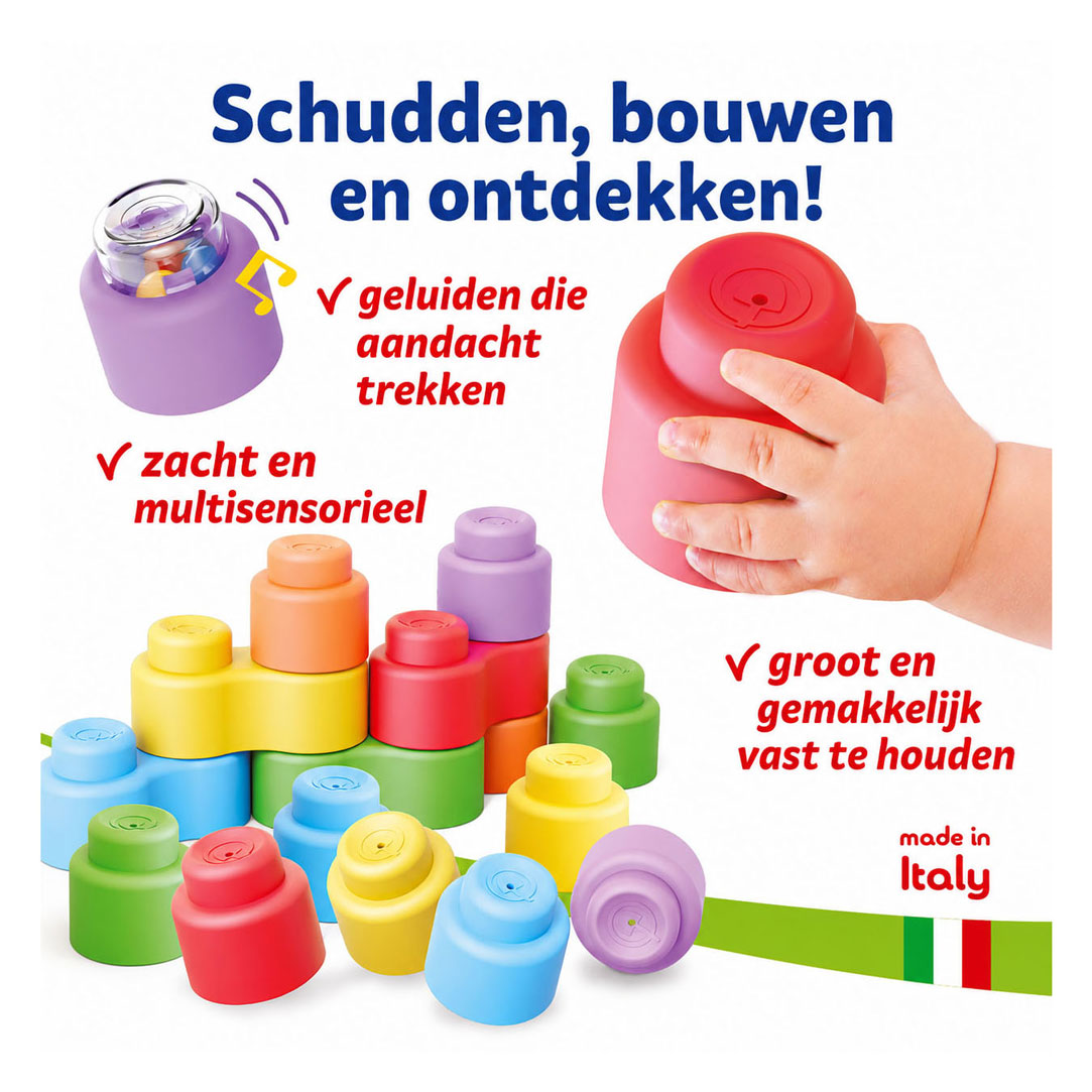 Quercetti bouwblokken baby speelgoed met geluid - 18 stuks.