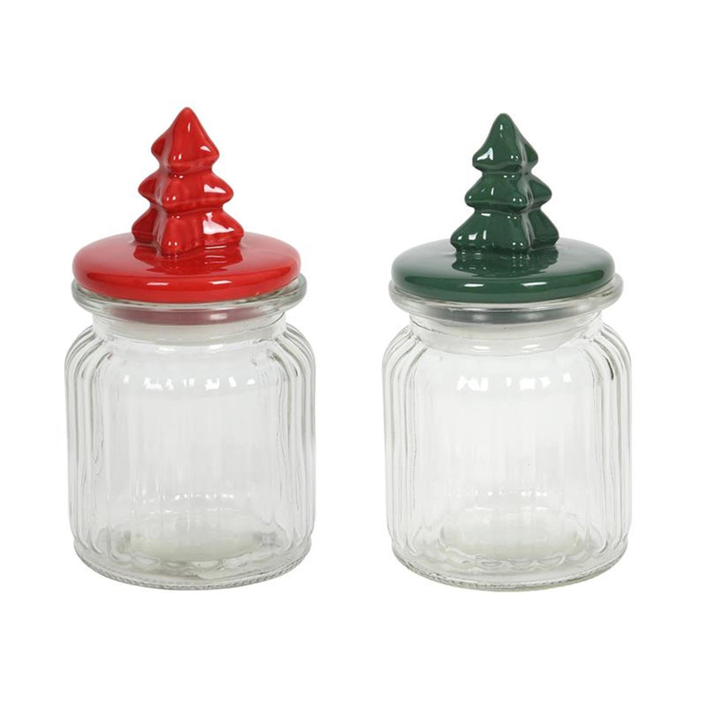 Svenska living voorraadpot d7.8xh9+6cm, boom rood en groen glass jar and dolomite top.