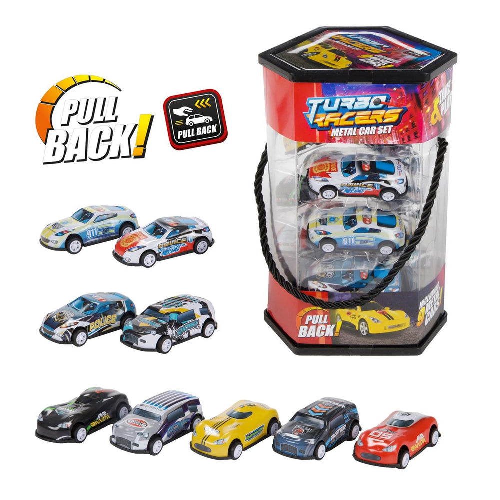 Toi-toys turbo racers metalen pull back auto's - 9st.