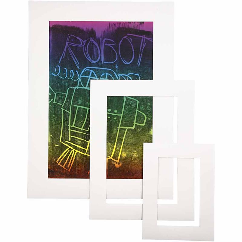 Passepartout lijsten, a3,a4,a5, afm 17x23 + 25x34 + 35+48 cm, dikte 0,4 mm, 270 gr, wit, 75 stuk 1 doos