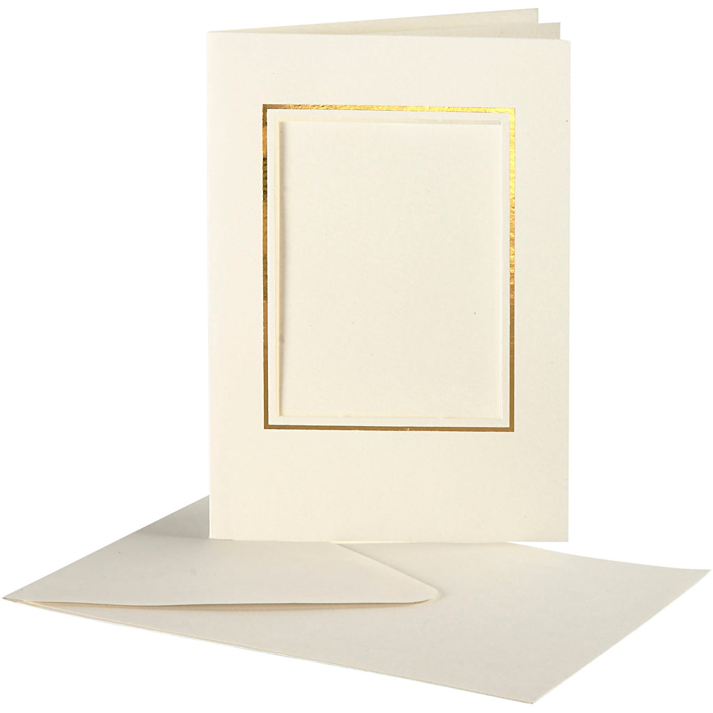 Passepartout kaarten , rechthoek met gouden rand, afmeting kaart 10,5x15 cm, afmeting envelop 11,5x16,5 cm, off-white, 10 set 1 doos