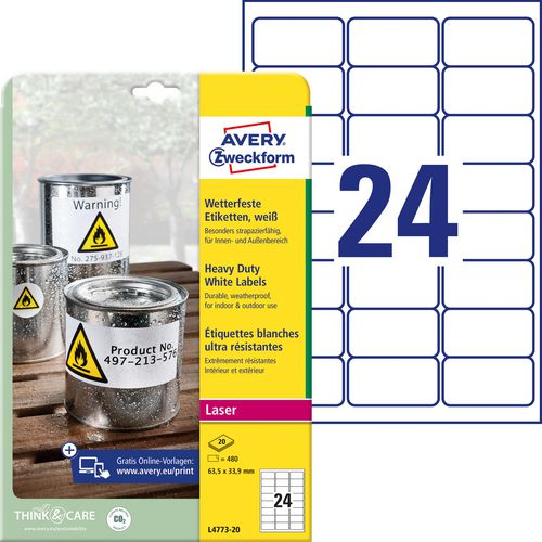 Ultra sterke etiketten avery l4773-20 63,5x33,9mm 20 vel