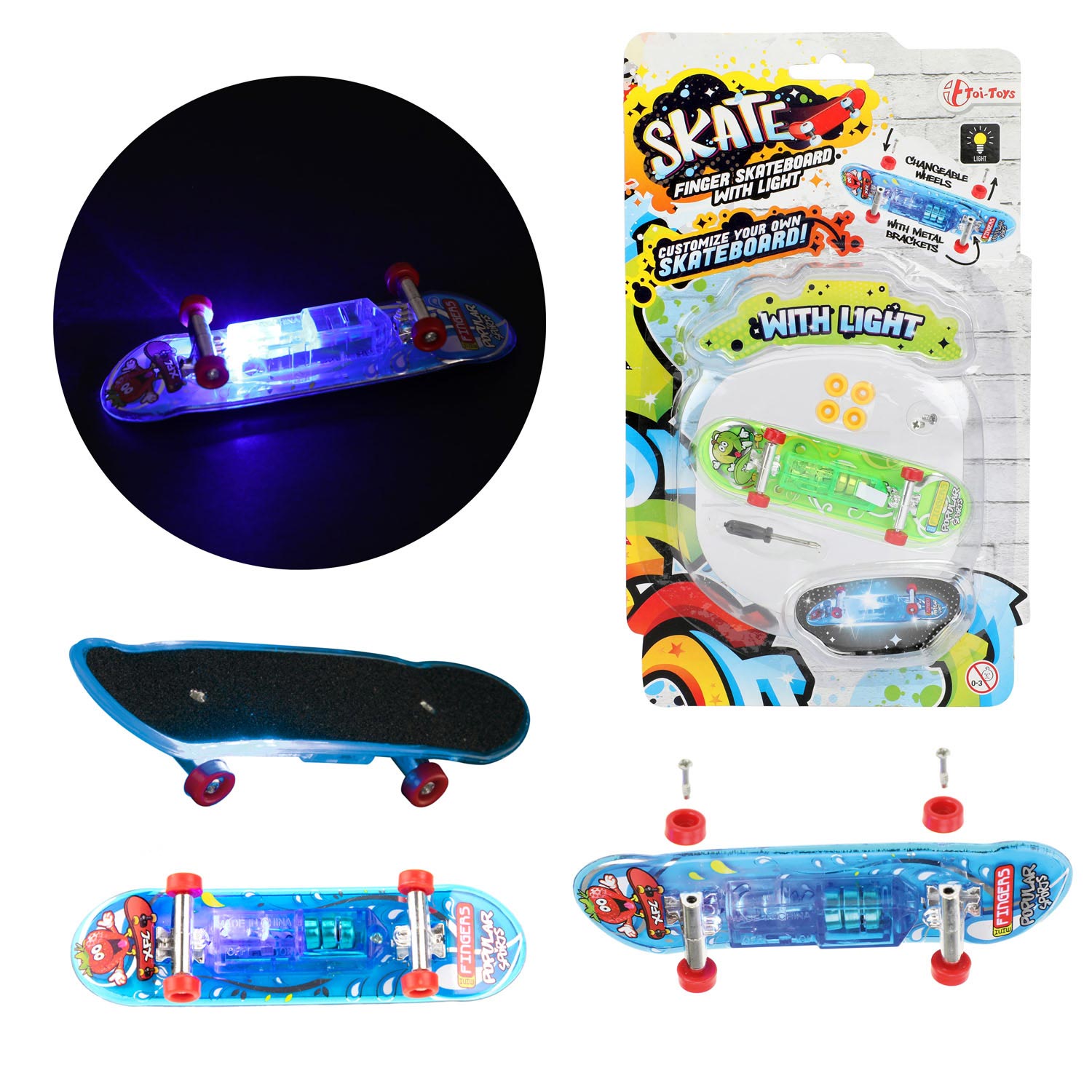 Toi-to vingerys skateboard met licht en extra wielen