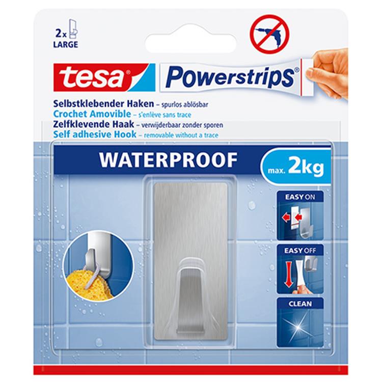 Tesa ® powerstrips waterproof kleefhaak l - rechthoekig - montage zonder boren - roestvrij staal (rvs) - draagkracht 2 kg - voor badkamer en douche