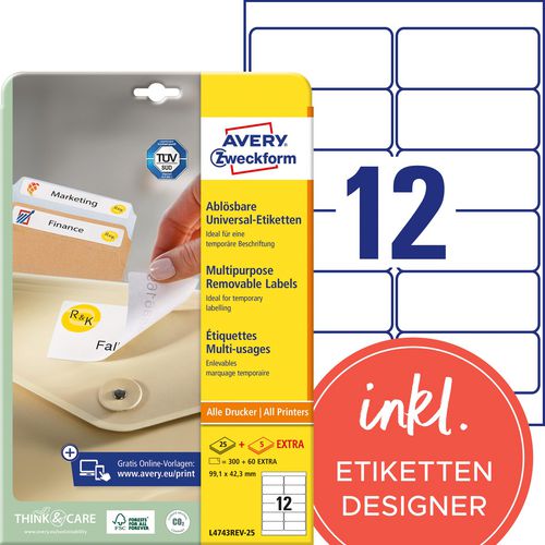 Verwijderbare etiketten avery zweckform l4743rev-25 99,1x42,3mm wit