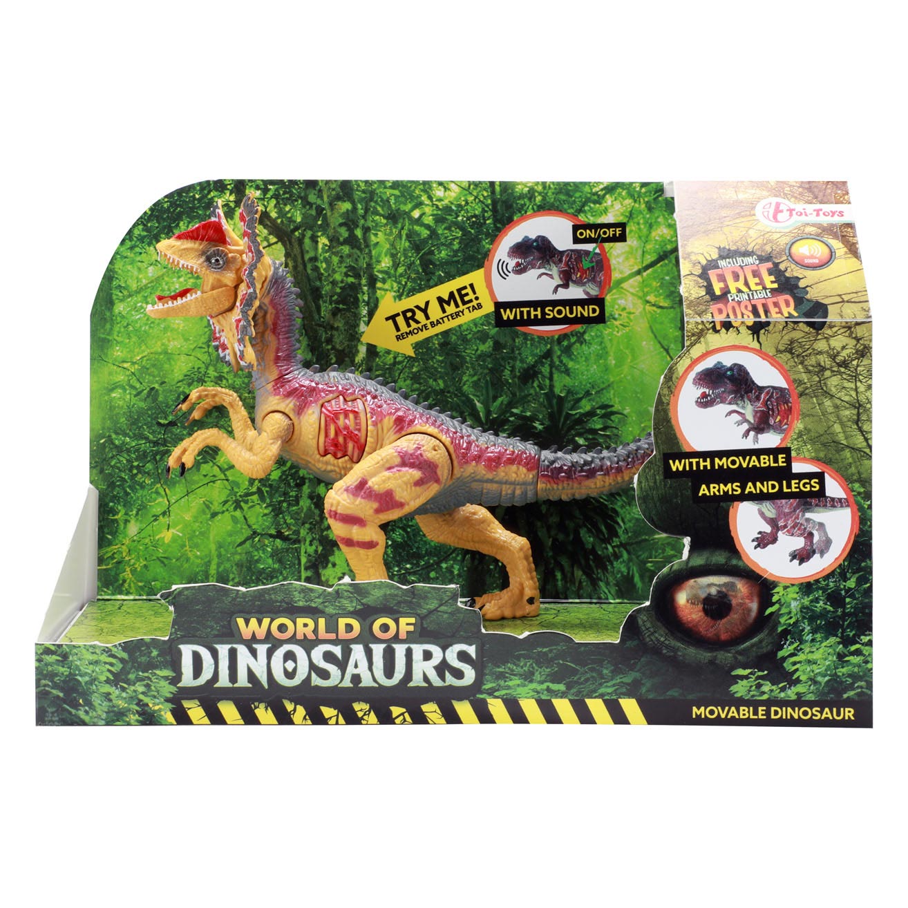 Wereld van dinosaurussen dilophosaurus, beweegbare dino met geluid