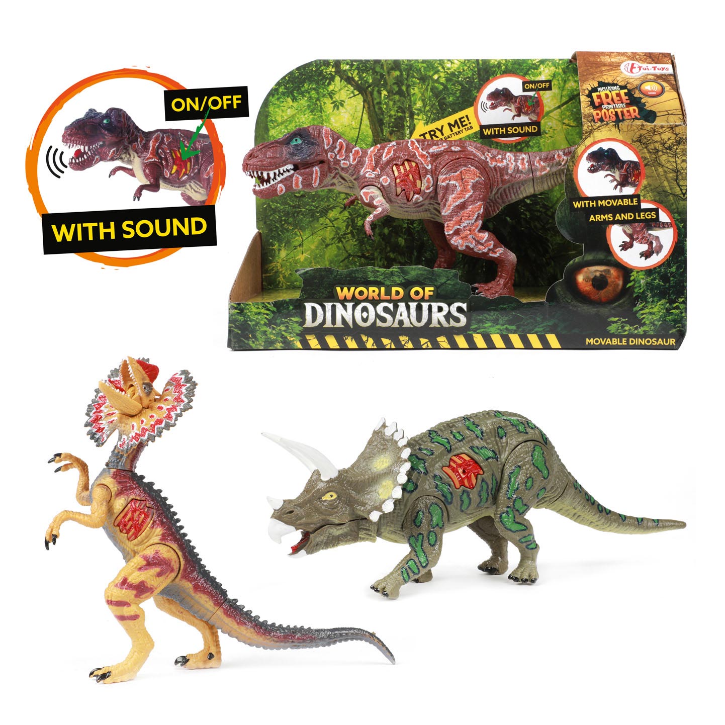 Wereld van dinosaurussen dilophosaurus, beweegbare dino met geluid