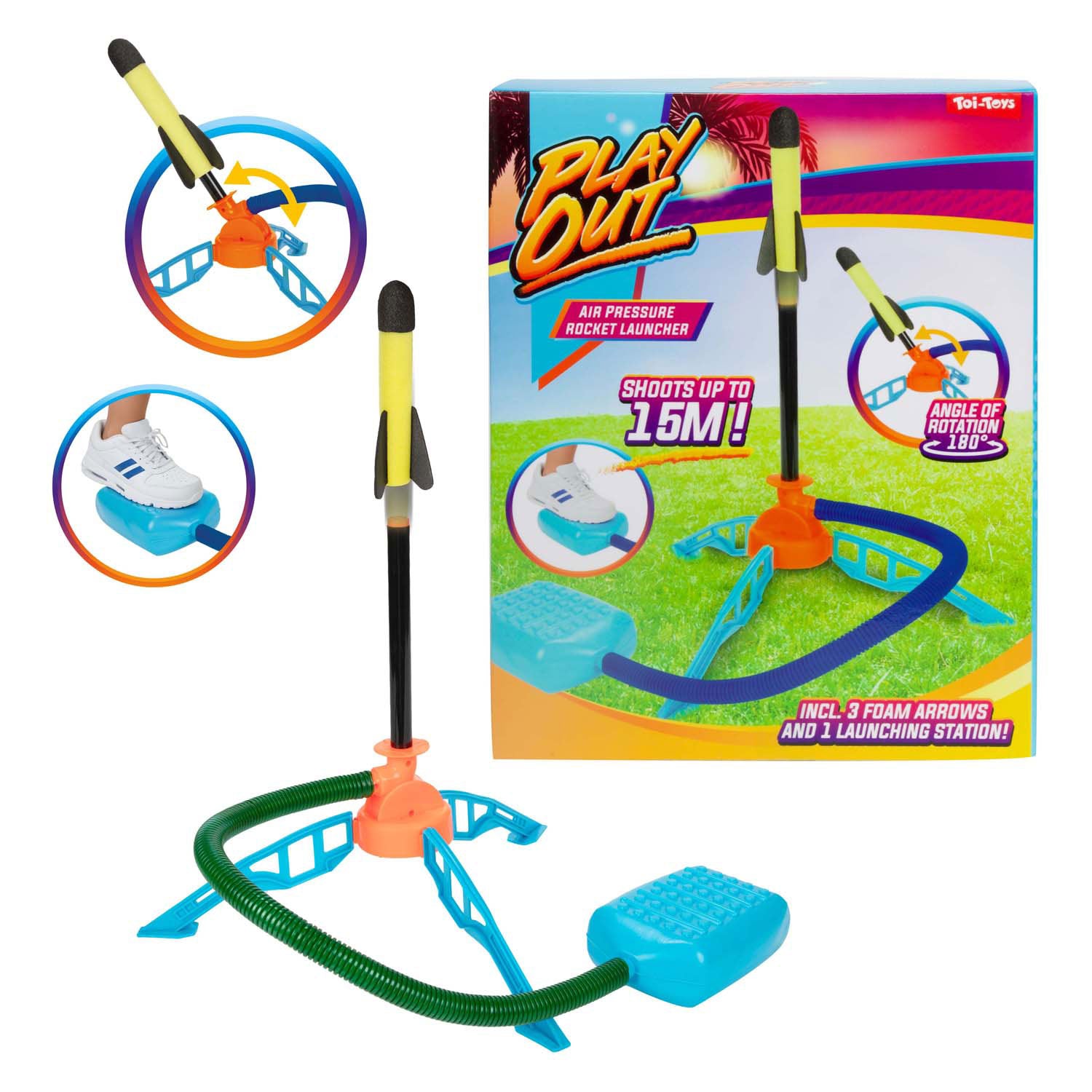 Toi-toys speel luchtdruk raket lanceerbasis met 3 raketten