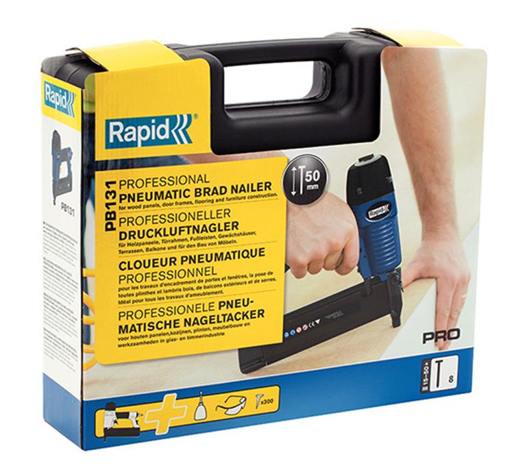 Rapid professionele pneumatische tacker - magnesium behuizing - 360° luchtuitlaat - regelbare inslagdiepte - blauw geel