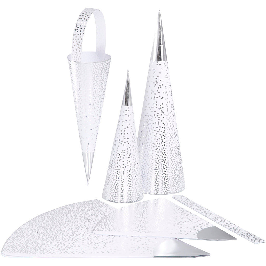 Kegels, h: 18+28 cm, 120 gr, zilver, wit, 3 stuk 1 doos