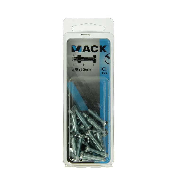 Mack 1017524 - metaalschroef cyl. kop + moer verz. 15 st m5 x 20 mm | 10 stuks