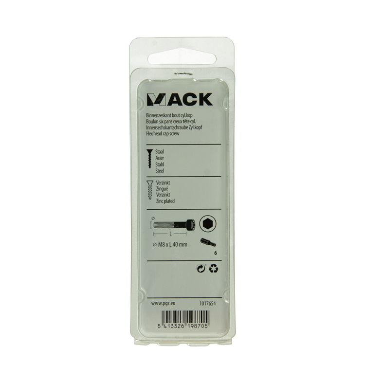Mack 1017654 - binnenzeskant bout cyl.kop verz. 3 st m8 x 40 mm | 10 stuks