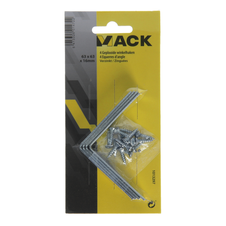 Mack 1013297 - 4 geplooide winkelhaken verzinkt 63x63x16x2mm | 10 stuks