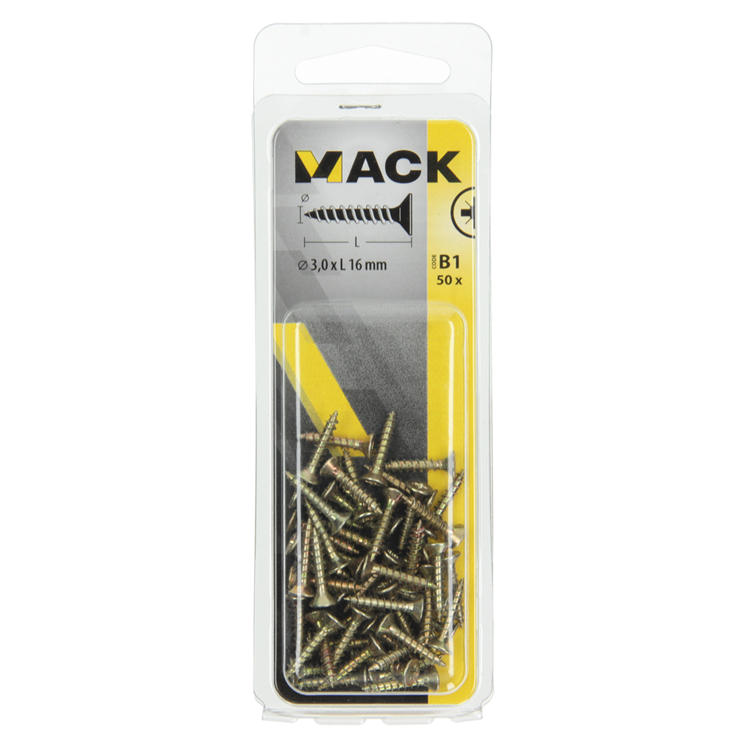 Mack 1017216 - spaanplaatschroef vz kop geelverz.50 st 3,0 x 16 mm | 10 stuks