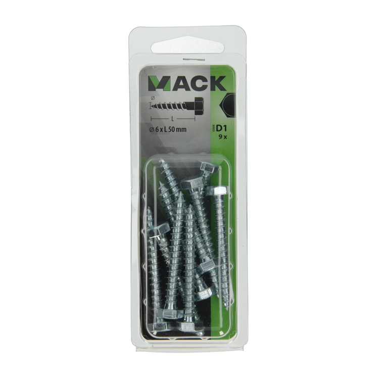 Mack 1017405 - houtdraadbout staal verzinkt 9 st 6 x 50 mm | 10 stuks